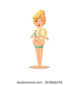 Winking Pregnant Woman Holding Beachball. Flat Vector Illustration 