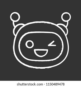 Winking robot emoji chalk icon. Happy and funny chatbot smiley. Chat bot emoticon. Artificial conversational entity. Artificial intelligence. Isolated vector chalkboard illustration