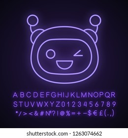 Winking robot emoji neon light icon. Happy and funny chatbot smiley. Glowing sign with alphabet, numbers and symbols. Chat bot emoticon. Vector isolated illustration