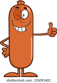 Winking Sausage Cartoon Character Showing Thumbs Up. Vector Illustration Isolated On White