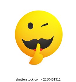 Winking, Shushing Face Showing Make Silence Sign - Cheeky Emoji Face Gestures, Showing Warning, Stay Quiet, Don't tell, Keep the Secret - Yellow Emoticon Isolated on White Background - Vector Design