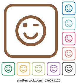 Winking simple icons in color rounded square frames on white background