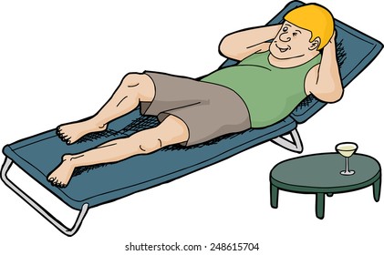 Winking single man resting on deck chair with drink