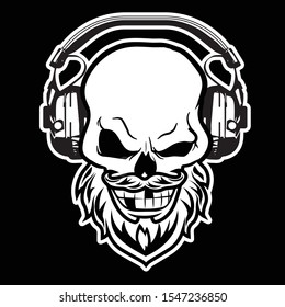 winking skull with a beard in headphones in black and white