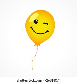 Winking smile of yellow helium balloon on white background. Yellow smile emoji balloon for happy birthday card or banner. Vector illustration