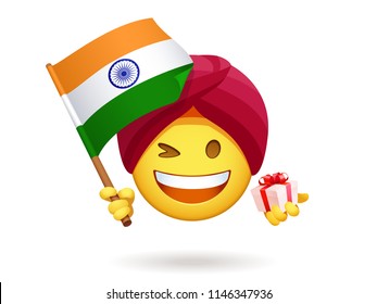 Winking Smiley For Indian Independence Day. Emoji Of Hindu In The Red Ethnic Turban Holds A Gift Box. Funny Chat Character Waving A Flag Of India With Ashoka Chakra Wheel. Yellow Vector Emoticon.