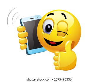 Winking smiley talking on a phone. Vector illustration of a smiley having funny phone conversation.
