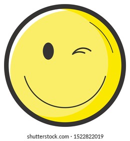 Winking smiley. World Smile Day, October 4th banner. Cute happy round emoticon with a beaming smile. Vector illustration. 