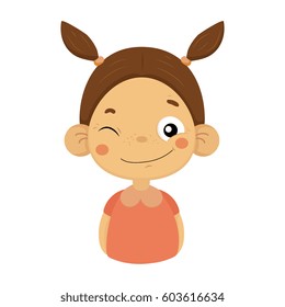 Winking And Smiling Little Girl Flat Cartoon Portrait Emoji Icon With Emotional Facial Expression