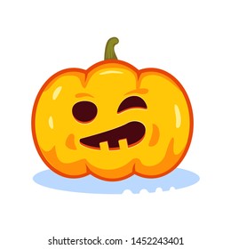 Winking and smiling pumpkin head. Vector symbol of autumn and of Halloween.