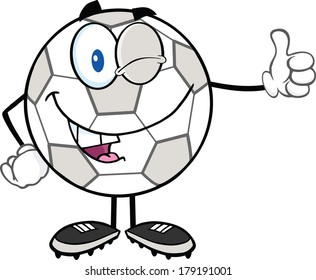 Winking Soccer Ball Cartoon Character Holding A Thumb Up. Vector Illustration Isolated on white