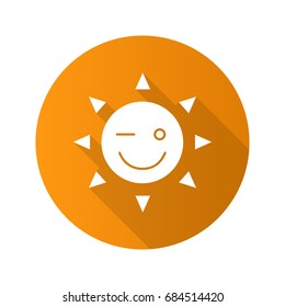 Winking sun smile flat design long shadow glyph icon. Good mood. Happy and funny sun face. Vector silhouette illustration
