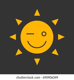 Winking sun smile glyph color icon. Good mood. Emoticon. Happy and funny sun face. Silhouette symbol on black background. Negative space. Vector illustration