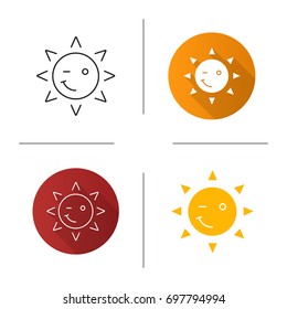 Winking sun smile icon. Flat design, linear and glyph color styles. Happy and funny sun face. Isolated vector illustrations