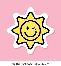 winking sun sticker, yellow symbol with black outline, cute smiling sun with winking eye on pink background, groovy aesthetic vector design element