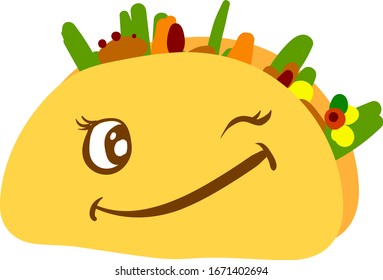 Winking taco, illustration, vector on white background.