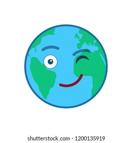 Winking tears world globe isolated emoticon. Blinking planet emoji. Social communication and weather widget. Cute face showing facial emotion. Funny earth with icon. Weather forecast vector element
