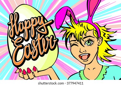 winking and thumbs up sexy pin up style. closeup of winking bunny girl face manga girl in a bunny costume with an Easter egg. happy easter lettering art