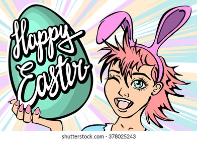 winking and thumbs up sexy pin up style. closeup of winking bunny girl face manga girl in a bunny costume with an Easter egg. happy easter lettering art