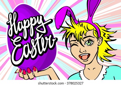 winking and thumbs up sexy pin up style. closeup of winking bunny girl face manga girl in a bunny costume with an Easter egg. happy easter lettering art