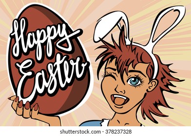 winking and thumbs up sexy pin up style. closeup of winking bunny girl face manga girl in a bunny costume with an Easter egg. happy easter lettering art