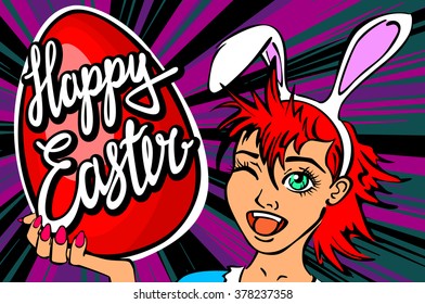 winking and thumbs up sexy pin up style. closeup of winking bunny girl face manga girl in a bunny costume with an Easter egg. happy easter lettering art