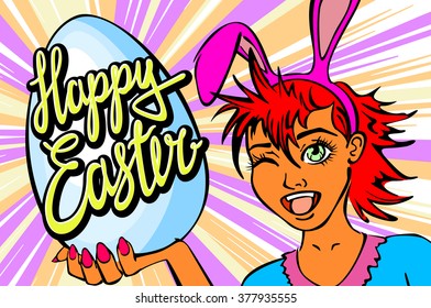 winking and thumbs up sexy pin up. closeup of winking bunny girl face manga girl in a bunny costume with an Easter egg. happy easter lettering art