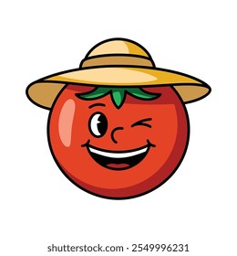 Tomate piscando com desenho animado chapéu de palha