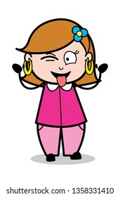 Winking Tongue Out - Retro Cartoon Female Housewife Mom Vector Illustration