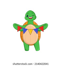 Winking turtle cartoon character holding party flags sticker. Cute comic tortoise with birthday celebration decorations flat vector illustration isolated on white background. Emotions, animals concept