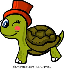 Winking turtle with a red hat, illustration, vector on white background.
