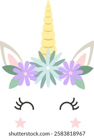 Winking unicorn face features closed eyes adorned with long eyelashes, a shimmering golden horn, playful pink ears, and surrounded by purple and light blue flowers along with pastel pink stars