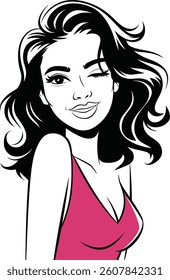 Winking Woman Face Vector – Black and White Line Art Portrait	
