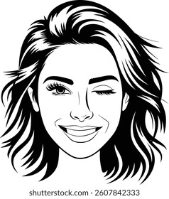 Winking Woman Face Vector – Black and White Line Art Portrait	