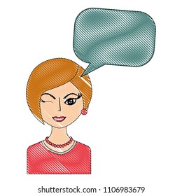 winking woman portrait character with speech bubble