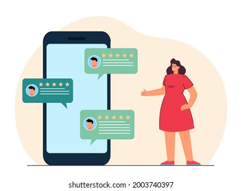 Winking woman reading positive reviews on huge phone. App with five star ratings flat vector illustration. Customer feedback, communication concept for banner, website design or landing web page