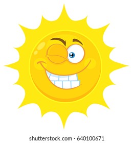 Winking Yellow Sun Cartoon Emoji Face Character With Smiling Expression. Vector Illustration Isolated On White Background