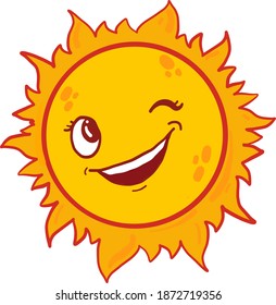 Winking yellow sun, illustration, vector on white background.