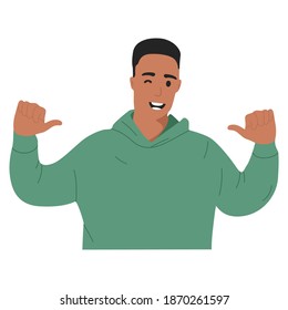 Winking young black guy smiling and pointing thumbs at himself. Mockup for advertising, space for text, isolated on white background