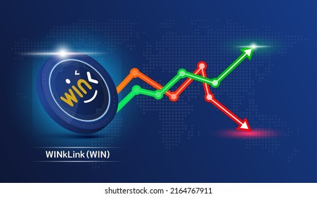WINkLink moneda azul. Símbolo de criptodivisa con gráfico de inversión en bolsa verde y rojo. Concepto de negocios de tendencias económicas. Ilustración vectorial 3D.