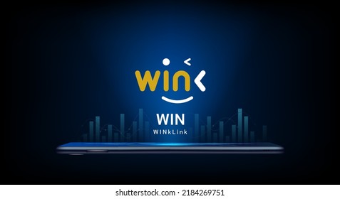 WINkLink crypto currency token symbol come out from smartphone. Coin icon on dark background. Trading cryptocurrency in stock market on application. For website or banner. Vector illustrator.