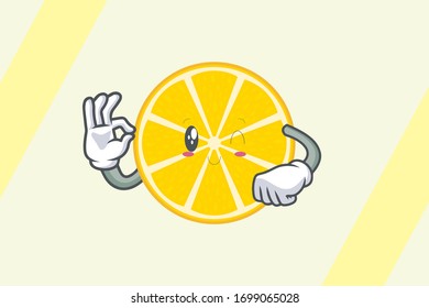 WINK,SMILING Face . Ok, Okey, Okay, Nice, Alright Gesture. Mascot Illustration Slice Lemon Fruit