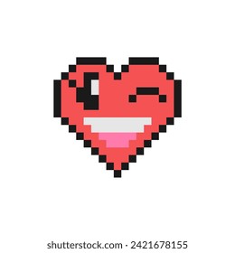 Winky face vector illustration. Pixel style wink emoji signals a joke or a hidden meaning. Text message smile. Vintage 90s style heart shaped emoticon. Pixelated retro game 8 bit design with outline.