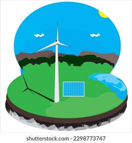 WINMILL, SUSTAINABLE ENERGY, GREEN, TREES, WIND, PANEL, CLOUDS, WATER, SUN, 3D, HILL, MOUNTAINS