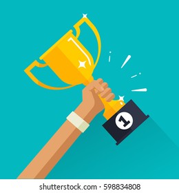 Winner achievement sport award vector illustration, golden cup in sportsman hand with first place label, success win, champion reward 
