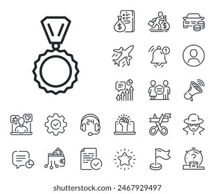 Winner achievement symbol. Salaryman, gender equality and alert bell outline icons. Award Medal line icon. Glory or Honor sign. Medal line sign. Spy or profile placeholder icon. Vector