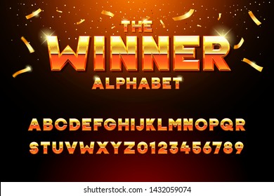 The Winner Alphabet. Vector golden glossy three dimensional font effect in orange and yellow. Metal typeface withy golden bars and stars inside. Luxury alphabet design for casino, premium business, vi