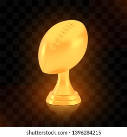 Winner american football cup award, golden trophy logo isolated on black transparent background, photo realistic vector illustration ball with reflection