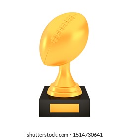 Winner american football cup award on stand with empty plate, golden trophy logo isolated on white background, photo realistic vector illustration ball with reflection