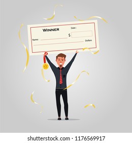 Winner Announcement Concept, Man Holding Cheque And Medal In Hand. We Have A Winner Announce Vector.